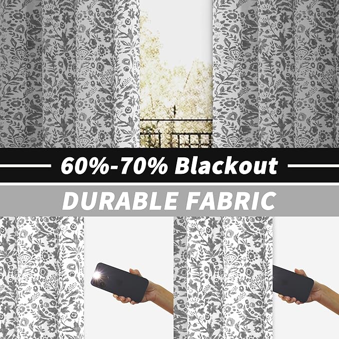 DriftAway Julia Watercolor Blackout Room Darkening Lined Thermal Insulated Energy Saving Window Curtains 2 Layers 2 Panels Each Size 52 Inch by 54 Inch Gray