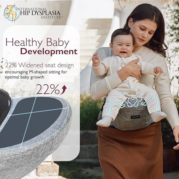 Momcozy Hip Seat Baby Carrier - Adjustable Waistband with Original 3D Belly Protector & EVA Massage Board, Ergonomic Carrier with Various Pockets for Newborns & Toddlers up to 45lbs (Grey, Large)