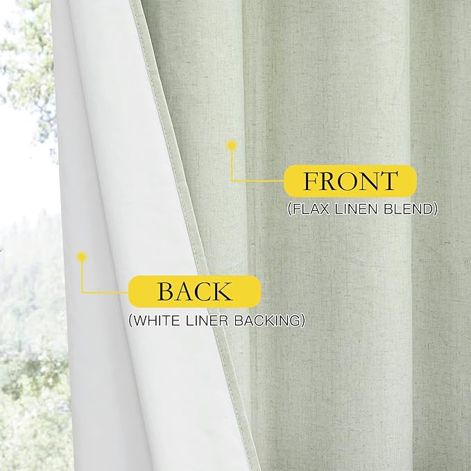 NICETOWN Sage Green Linen Kitchen Draperies Completely Shaded, Privacy Protection & Noise Reducing Rod Pocket & Back Tab Drapes, White Lined Insulated Window Treatment Curtains(2 Pieces, W52 x L63)
