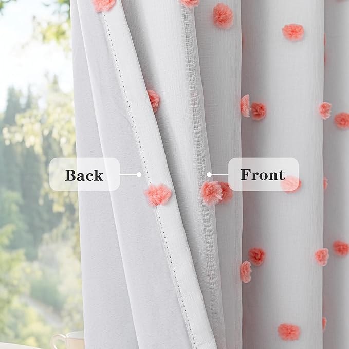 MEETSKY 100% Blackout Curtains for Girls Bedroom 95 Inch Long with Pink Pom Pom Sheer Total Room Darkening Nursery Curtains for Kids Room 2 Panels Grommet Double Layer Window Drapes 52W x 95L