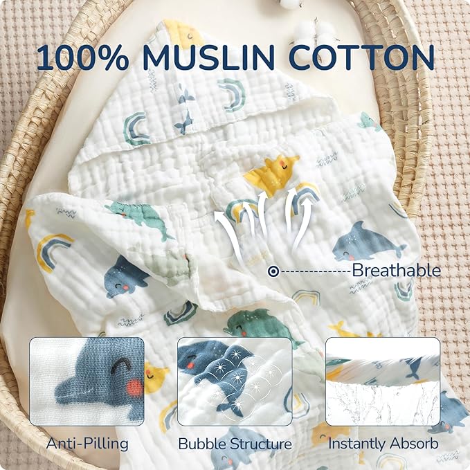 Toddler Hooded Bath Towels,100% Cotton Muslin Baby Towels for Boys Girls,Ultra Soft & Absorbent Quick Dry Kids Towel for Beach,Pool,Bathroom,Large 43x43 Inch