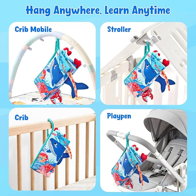 JoyCat Baby Books 0-6-12 Months - Ocean Tummy Time Toys Mirror - Montessori Sensory Activity Cloth Book with 3D Crab & Fish - Newborn Valentine Easter Basket Stuffers