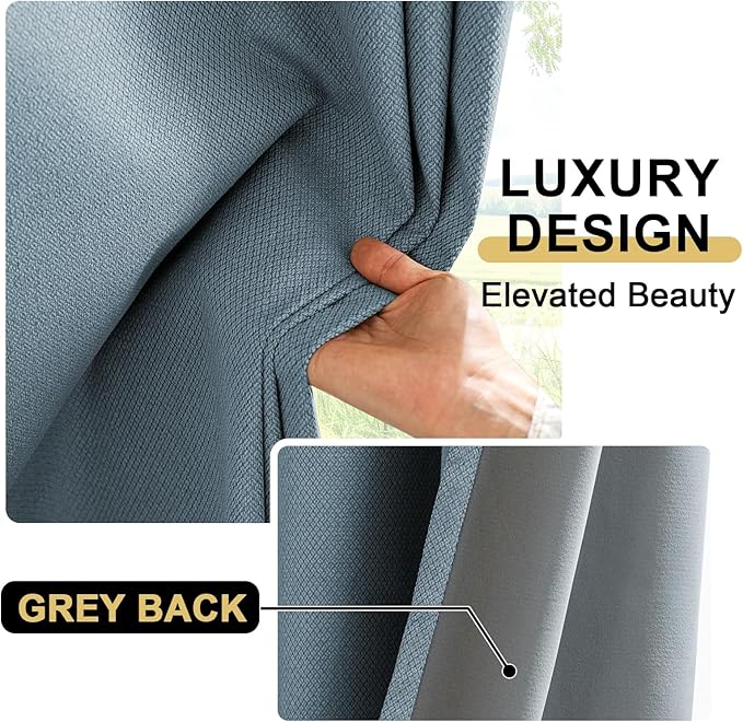 PrinceDeco 100% Blackout Curtains for Bedroom 63 Inches Long, Grommet Living Room Drapes, Thermal Insulated Blackout Curtains 2 Panels Set,Jacquard-Woven,55" W x63 L, Stone Blue