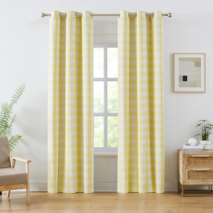 Amzdecor Yellow White Buffalo Plaid Full Blackout Curtains 84 Inch Long for Bedroom Living Room Farmhouse Check Patterned Drapes Thermal Insulated Soundproof Grommet Window Treatment, 2 Panels,40"x84"