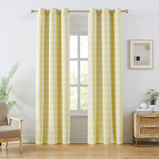 Amzdecor Yellow White Buffalo Plaid Full Blackout Curtains 84 Inch Long for Bedroom Living Room Farmhouse Check Patterned Drapes Thermal Insulated Soundproof Grommet Window Treatment, 2 Panels,40"x84"