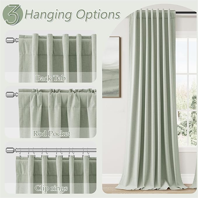 Guken 100% Blackout Curtains 102 Inch Length 2 Panels Set for Living Room Bedroom Back Tab Thermal Insulated 100% Black Out Linen Drapes Room Darkening Window Curtains,Mist Sage