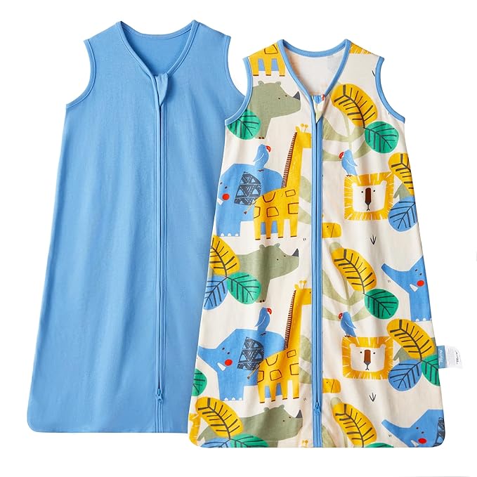 TILLYOU 2 Pack Baby Sleep Sack 6-12 Months 100% Cotton Wearable Blanket 0.5 TOG Sleeveless Summer Sleep Sacks with 2-Way Zipper, Animal Geometry & Blue