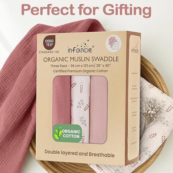 100% Organic Cotton Muslin Baby Blanket 3 Pack - Breathable Swaddle, Hypoallergenic Double-Layer, Versatile Use (Pink, Floral, Rust, 38x40 Inch)