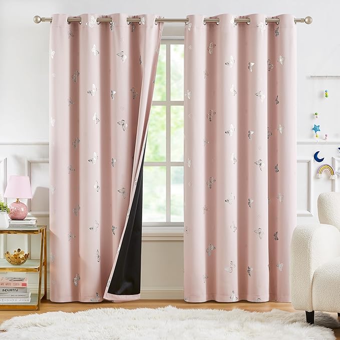 Jubilantex Butterfly Blackout Curtains Pink Silver 95" Long for Girls Bedroom Living Room Nursery Window Curtains with Black Layer,Grommet Top