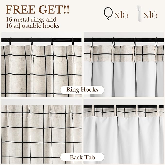 Plaid Pinch Pleated Curtains - Modern Luxury Linen Buffalo Blackout Drapes, Thermal Insulated Double Layer Window Panels for Living Room Bedroom, 108 Inches Long Black 2 Panels Set