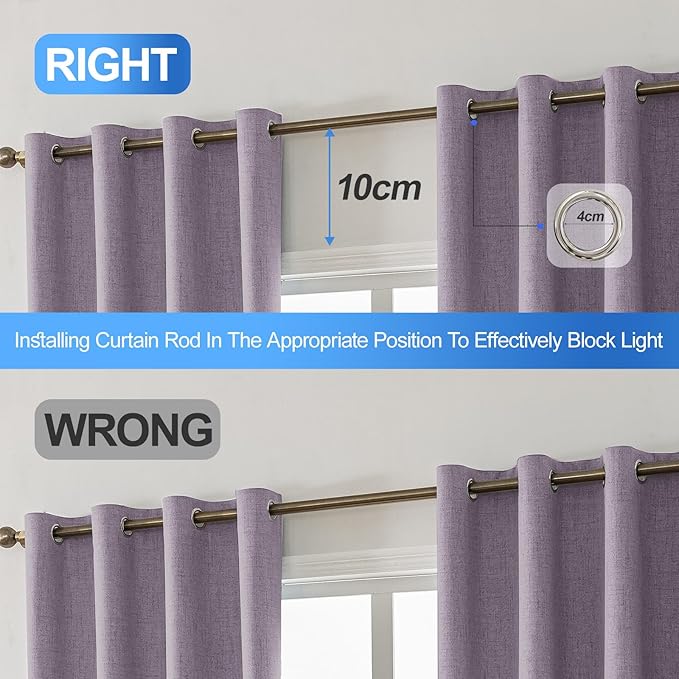 Linen 100% Blackout Curtains for Bedroom, Black Out Curtains 45 Inch Long, Room Darkening Curtains for Living Room, Long Curtain Grommets Drapes, Thermal Curtains(2 Panels, Purple)