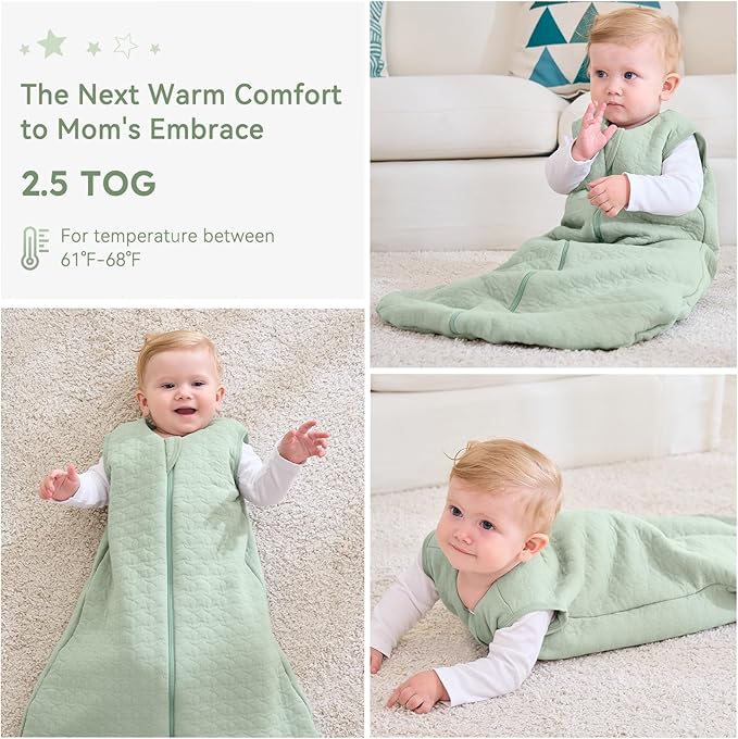 Unnivoll Baby Sleep Sack 0-6 Months TOG 2.5 Winter Baby Wearable Blanket, 100% Cotton Fabric Newborn Infant Sleeping Sack 2-Way Zipper Quilted Baby Sleep Bag, Warm Soft Green