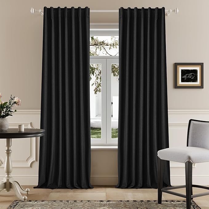 DUALIFE Black Linen Full Blackout Curtains 108 Inch Length 2 Panels Set for Living Opaque Privacy Back Tab Thermal Insulated 100% Black Out Room Darkening 9ft Window Curtain Drapes 108 Inches Long