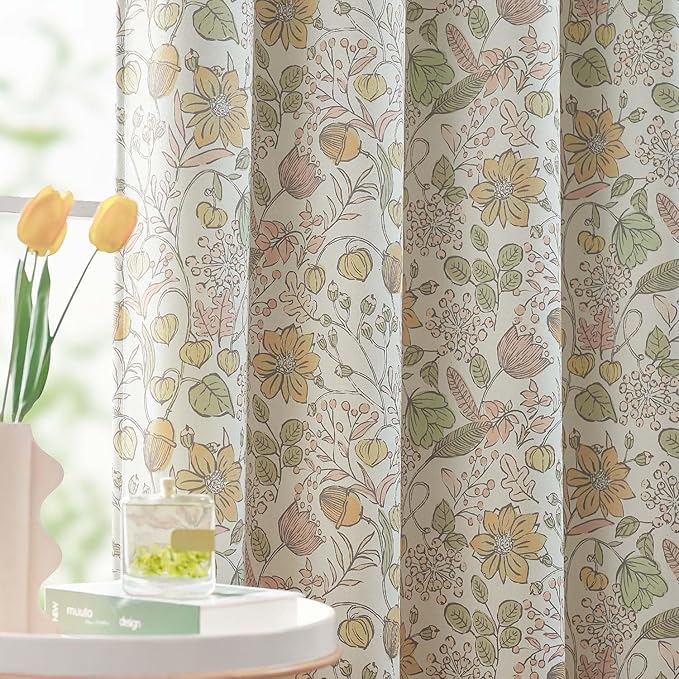 Vangao Yellow Nursery Curtains for Girls Room Easter Floral 100% Blackout Curtains 84 Inch Length Farmhouse Drapes for Bedroom Room Darkening Flower Patterned Window Treatment for Kids Set of 2
