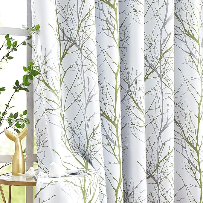 FMFUNCTEX 100% Blackout Curtains for Bedroom, Sage Green Branch Curtains 96 Inch Length Tree Print Curtain Panels for Living Room, Room Darkening Thermal Insulated Window Drapes 2 Panels Grommet Top
