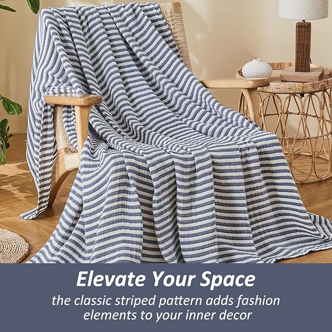EMME Cotton Muslin Twin Blanket Breathable Gauze Soft Lightweight Adults Gifts for Women (Striped Navy, 60"x80")