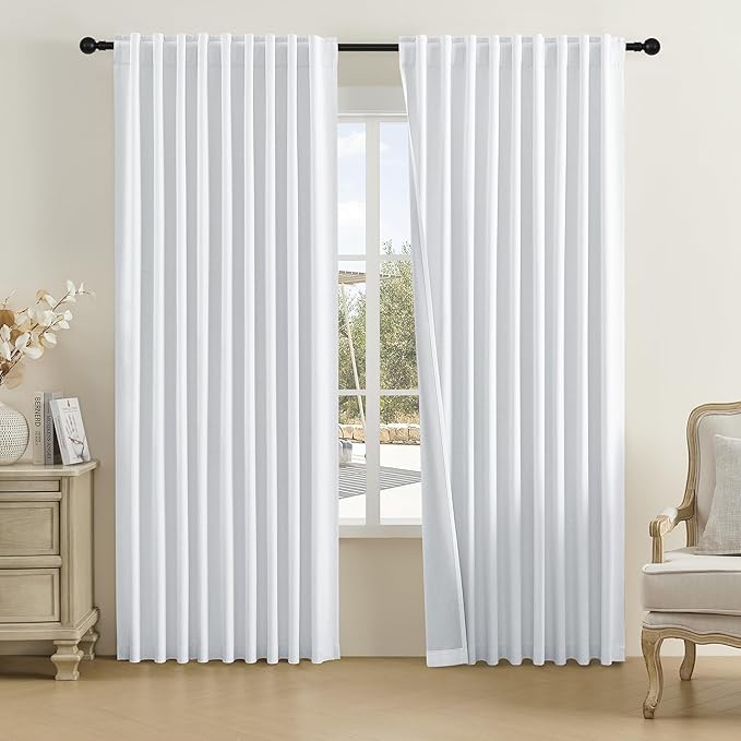 Greyish White Blackout Linen Curtains 72x96 Inches Long Room Darkening Privacy Assured Drapes for Sliding Glass Patio Door,Floor to Ceiling Curtains,2 Pcs,Rod Pocket and Back Tab Pleated Curtains