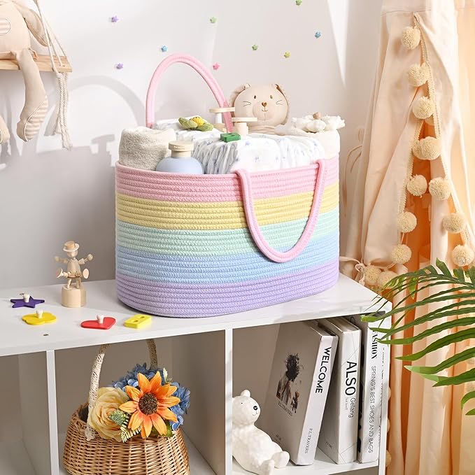 19L Baby Diaper Caddy Organizer, 16.8"x9.8"x9" Cotton Rope Diaper Basket, Changing Table Storage Caddy With Removable Divider, Baby Basket for Nursery, Car, Diapers, Baby Shower Gifts for Newborn