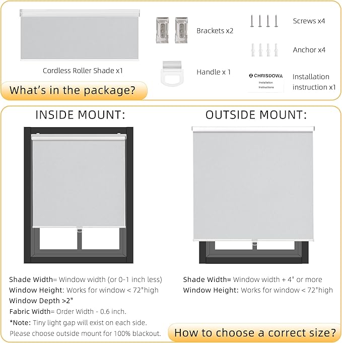 ChrisDowa Cordless Blackout Roller Shades for Windows, Thermal Insulated UV Protection Pull Down Shades, Total Blackout Window Blinds for Home, Office, Bedroom, Door (57" W x 72" H, Grey)