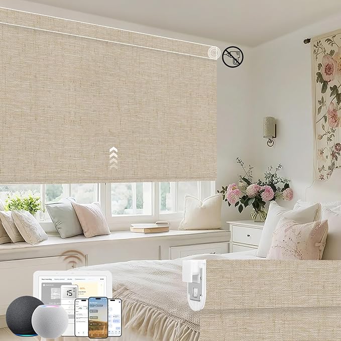 Kincmo No Drill Motorized Blinds with Remote, 100% Blackout Roller Shades for Windows, Custom Electric Blinds Compatible with Alexa, Apple Homekit, Google Home (100% Blackout Linen Caramel)