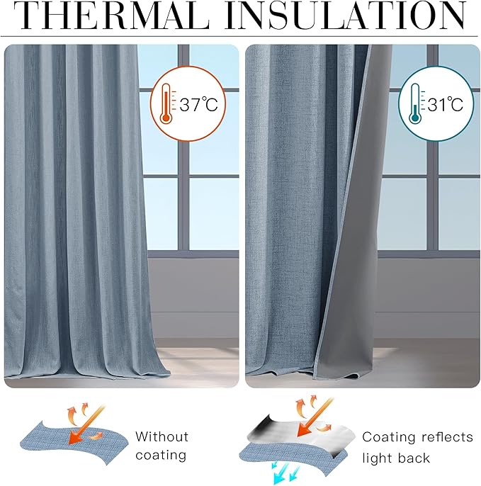 RYB HOME Linen Texture Curtains for Bedroom, 100% Blackout Thermal Insulated Curtains, Rod Pocket&Back Tab Room Darkening Drapes Luxury Decor for LivingRoom/Nursery, W52xL84, 2 Panels, Smoky Blue