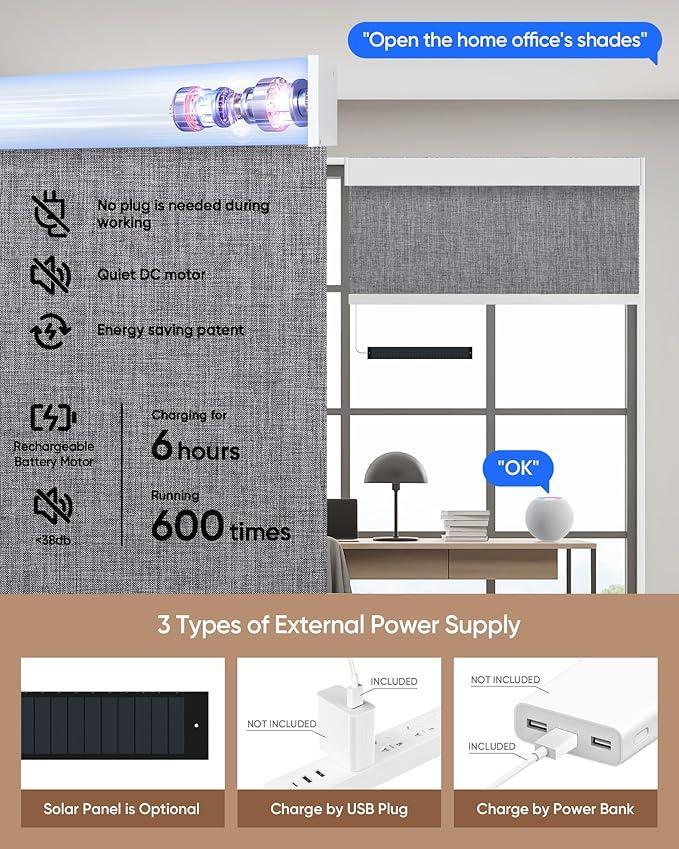 Kincmo Motorized Blinds with Remote,100% Blackout Motorized Roller Shades Work with Apple Homekit,Alexa,Google, Custom Electric Blinds with App,Voice Control (Dual Sided Dark Grey)