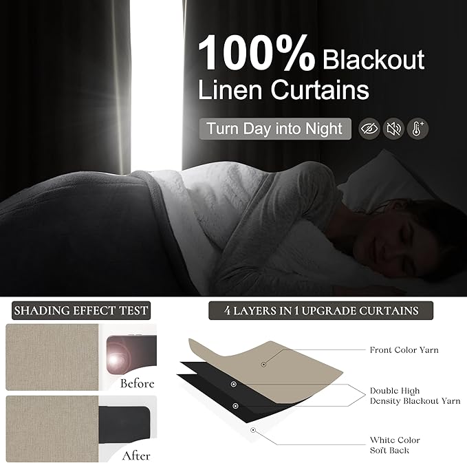 Pinch Pleated Blackout Curtains 60 Inches Wide for Living Room, Room Darkening Linen Blend Tan Viral Large Window Curtain for Bedroom Thermal Soundproof GreyBeige Drapes (60"W x 96"L x 2Panels)
