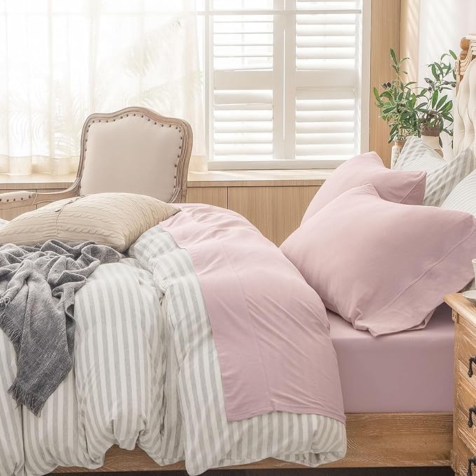 PURE ERA Jersey Knit 4pc Bed Sheet Set 100% T-Shirt Cotton Super Soft Comfy Breathable Fits Mattress Up to 20" Extra Deep Pocket (Solid Light Pink, King)