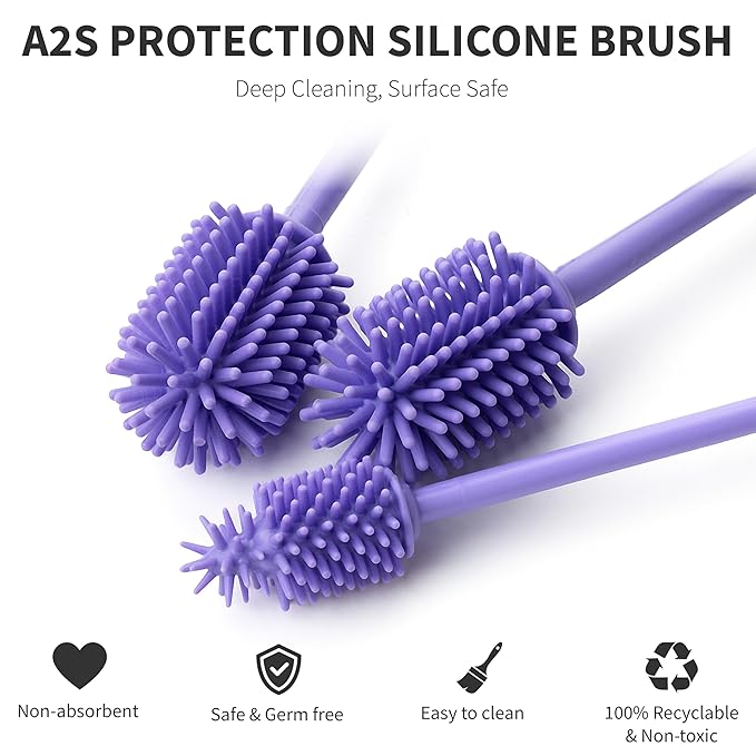 A-Brush Silicone Bottle Cleaner Brush, 3 Piece Set, Long Handle - Water Bottle Cleaner, Baby Bottle Nipple Brush for Plastic & Glass, BPA-Free Dish Washing Brush A2S Protection