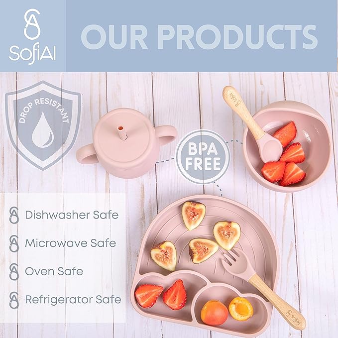 SofiAl All In One Silicone Feeding Set - Safe for 6-12 Months - Non-Toxic Baby Led Weaning Supplies - Toddler Self Feeding Utensils - BPA-Free - Mess Free Essentials