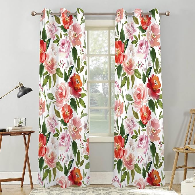Renaiss Watercolor Flowers Curtains Rose Peony Floral Print Blackout Window Curtain Panels Thermal Insulated Grommet Top Window Curtains for Living Room Bedroom 53W x 63L Inch 2 Panel Set