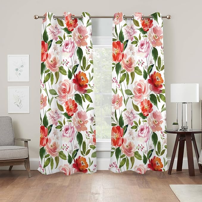 Renaiss Watercolor Flowers Curtains Rose Peony Floral Print Blackout Window Curtain Panels Thermal Insulated Grommet Top Window Curtains for Living Room Bedroom 53W x 96L Inch 2 Panel Set