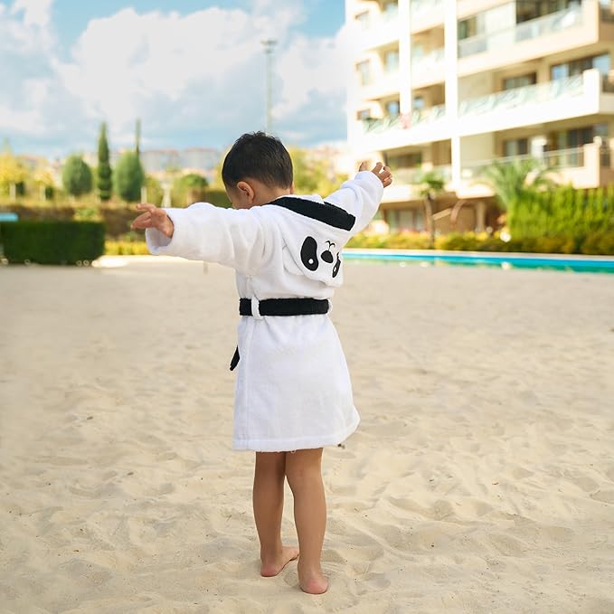 BAGNO MILANO Kids Organic Turkish Cotton Hooded Beach Cover-Up Towel, GOTS Certified, for Boys and Girls (Panda White, 7-8 Years)