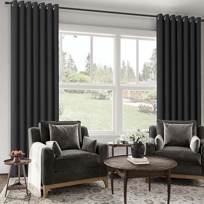 ChrisDowa 100% Blackout Linen Curtains 72 Inches Long 2 Panels for Bedroom Living Room Farmhouse Room Darkening Thermal Insulated Soundproof Grommet Top Window Treatment Drapes(52x72,Black)