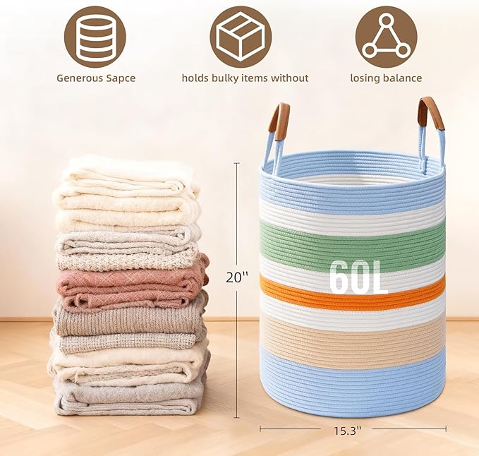 60L Striped Laundry Basket, Rainbow Laundry Hamper with Leather Handles, Woven Cotton Rope Storage Bin for Blankets, Nursery Hamper for Clothes, Toys In Bathroom, Livingroom, Bedroom