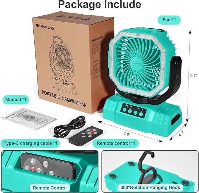Odoland Portable Camping Fan with LED Lantern, 20000mAh Rechargeable Battery Powered Fan with Auto Oscillation, Timer, Remote, 360° Rotation Hook, 4 Speeds for Power Outage Travel Home, Cayan