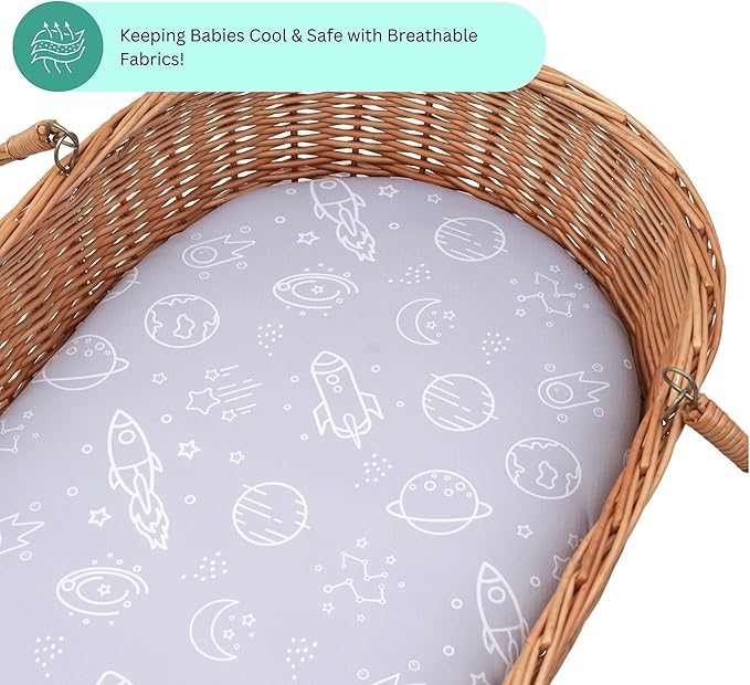 Bassinet Sheets for Maxi COSI Iora, Munchkin Brica Fold N' Go, 4moms MamaRoo, Delta Children Bassinet, 3PC, 18 x 33 Inch, Ultra Soft, Breathable, Snug Fit, Unisex Boys Girls (Space Rockets)