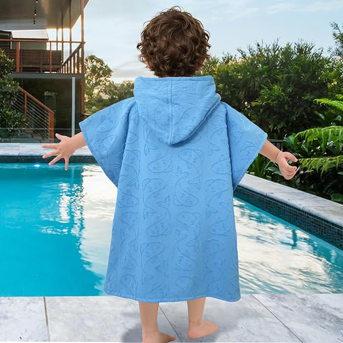 Toddler Bath Towels with Hood, Oversized (2-4Years,22"X22") Made from 100% Soft Cotton,Absorbent Hooded Poncho Towel for Baby Boy,Perfect for Pool | Swimming | Bath | Beach,Jacquard Blue Fish