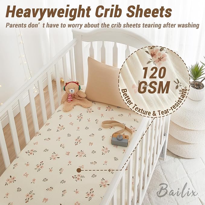 Heavyweight Muslin Baby Crib Sheets - 2PCS 52"x28" Neutral Fitted Crib Sheets for Boys Girls, Breathable Soft 100% Organic Cotton Standard Baby Mattress Sheet (Floral, Pink)