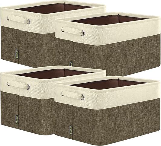 BALEINE 4 Pack Fabric Storage Bins for Shelves, Linen Storage Baskets for Organizing, Decorative Closet Bins for Clothes, Home (Brown, 15"x11"x9.5")