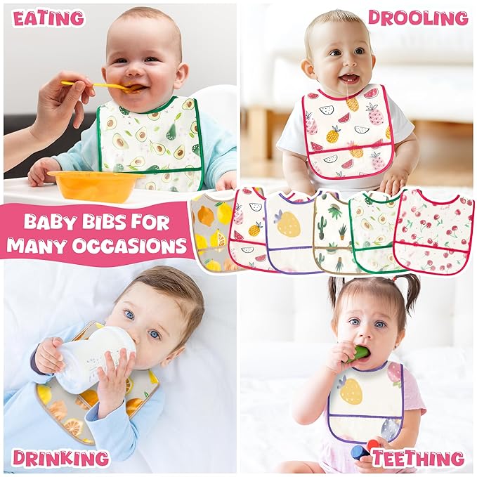 2ooya 6Pcs Baby Bibs for Eating Toddler Feeding Bibs with Crumb Catcher Pocket Fruit Adjustable Sleeveless Teething Plastic Food Bib Set Waterproof Infant Keepsake Gift for Baby Shower, 6-24 Months