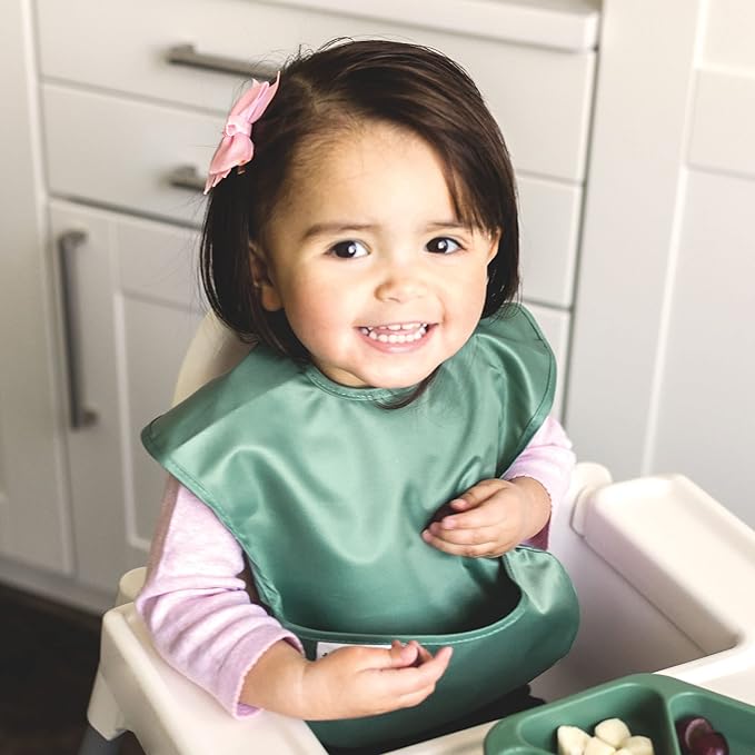 Tiny Twinkle Mess-Proof Baby Bibs for Eating | Waterproof, Wipeable Toddler Bibs with Catch-All Pocket | Feeding Bibs for Girls & Boys(3 Pack,Olive. Slate)