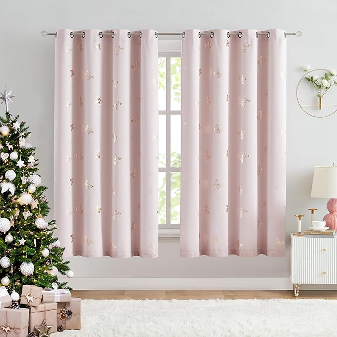 Jubilantex Lavender Pink and Gold Butterfly Blackout Curtains 63" Length for Baby Girls Nursery Bedroom 80% Blackout Grommet Window Treatment,1 Pair