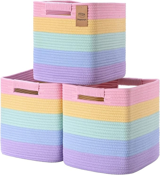 11 Inch Storage Cubes, 3 Pack Cube Storage Bins for Organizing, Cotton Rope Woven Baskets for Shelves, Bathroom, Kids Room, Closets, Baby Nursery