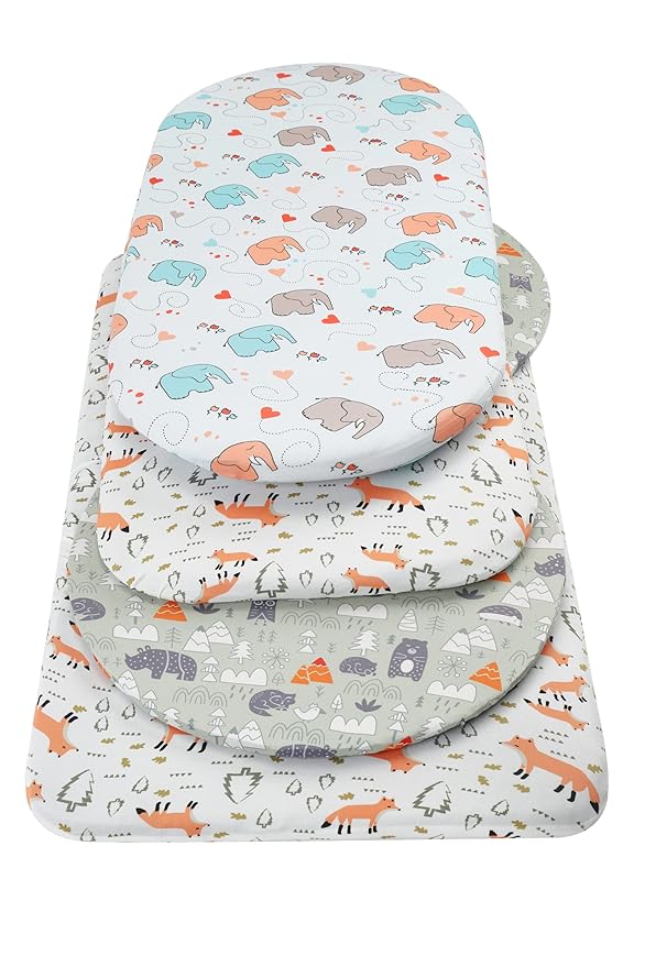 Onacosht Bassinet Sheets 3 Pack for Baby Boy, Soft Stretchy Universal Fitted Sheet Set for Oval Rectangle Hourglass Bassinet Mattress, Forest Fox Elephant Printing