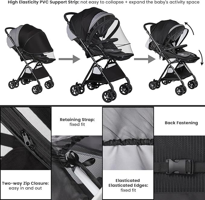 Bemece 2-in-1 Durable Baby Mosquito Net with UPF50+ Sunshade for Stroller, Universal Mosquito for Stroller with Two-Way Zippers & Storage Bag, Breathable & Foldable Baby Bug Net for Strollers