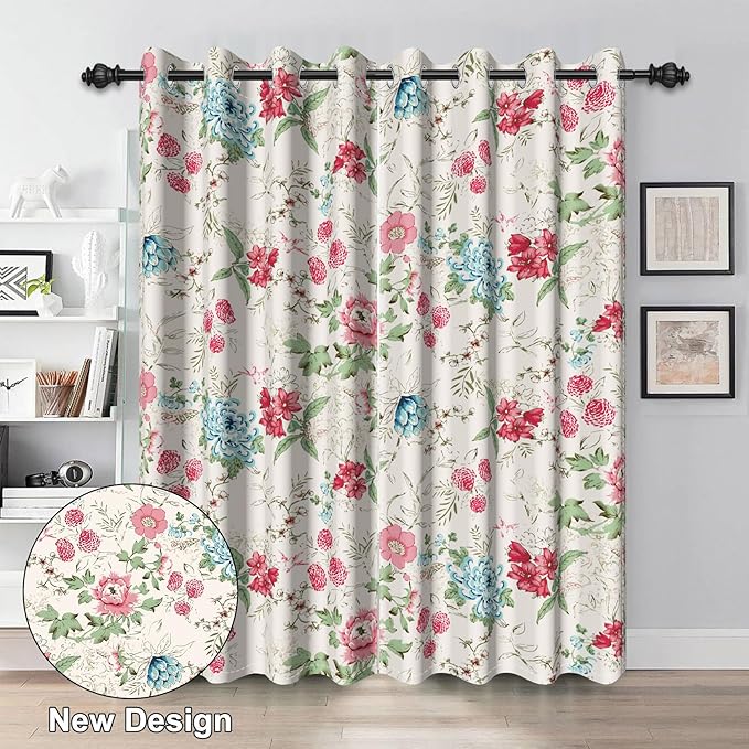 Renaiss Boho Flower Blackout Curtains Wild Blue Pink Floral Thermal Insulated Window Drapes for Bedroom 42W x 63L inches 2 Panel Set Beige Window Curtain Panels for Living Room
