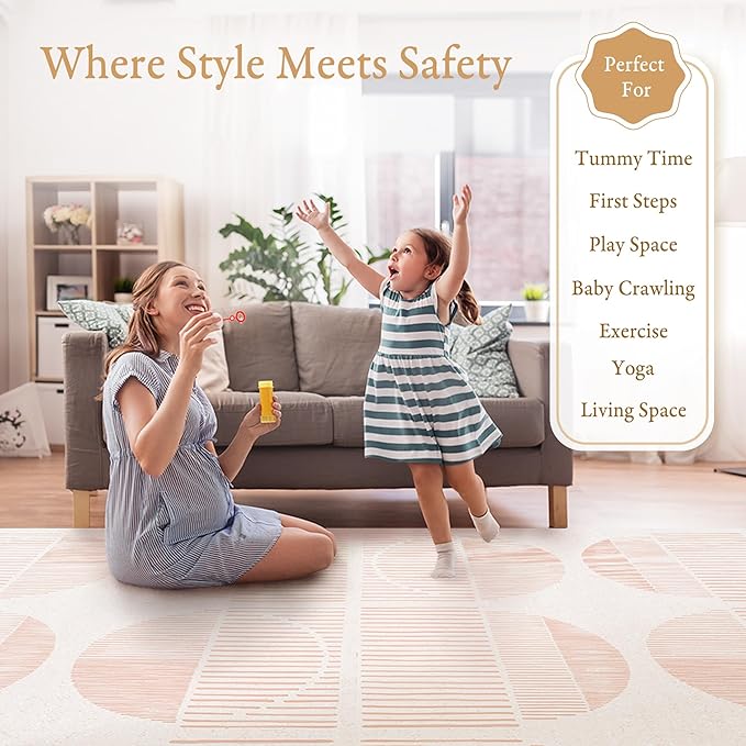 PopsyKosy Premium Baby Floor Play Mat - Extra Thick & Cushioned 1 inch Playroom Foam Mat, Non-Toxic Odorless - 6 Tiles - Spacious 6x4 ft. - Stylish & Large, Waterproof for Kids & Toddlers - Cream Pink