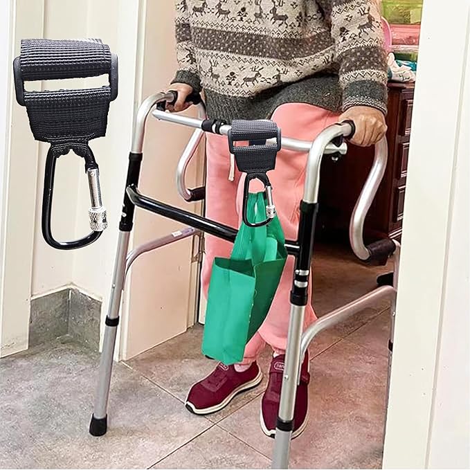 4 Pcs Walker Hook Hanging,Versatile Anti-Fall Off Stroller Hooks for Hanging Diaper Bags Walker Rollator Crutches Wheelchair, Purses, and Shopping, Hang It Anywhere You Need It(Black)