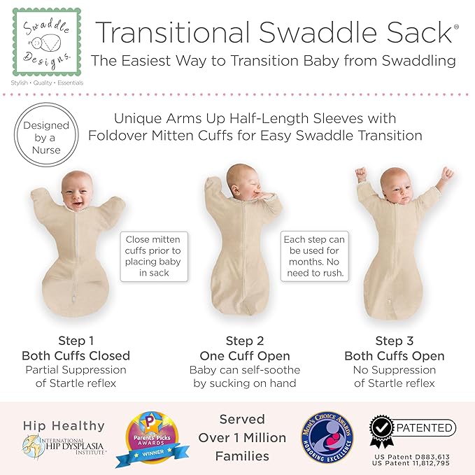 SwaddleDesigns Transitional Swaddle Sack, Arms Up Half-Length Sleeves & Mitten Cuffs, Swaddle for Newborn Transition to Baby Sleep Sack Wearable Blanket, Medium, 3-6 month, 14-21 lb, Heathered Oatmeal